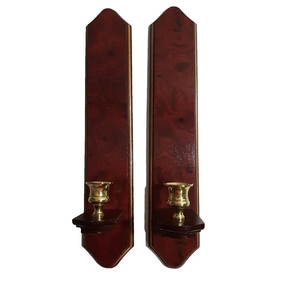 100% Pure Other - Cherry Hill 2 Wall Sconces Wood Brass Trim & Candle Holders (i)